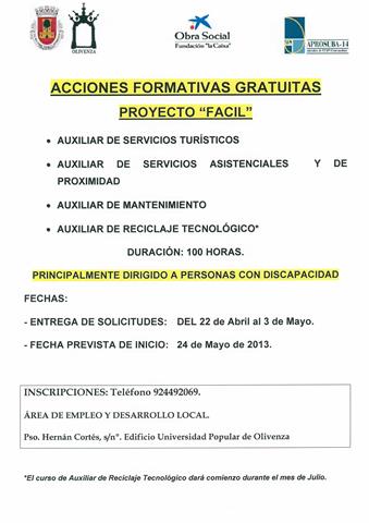 Cartel publicitario de las acciones formativas gratuitas del Proyecto 'Fácil'